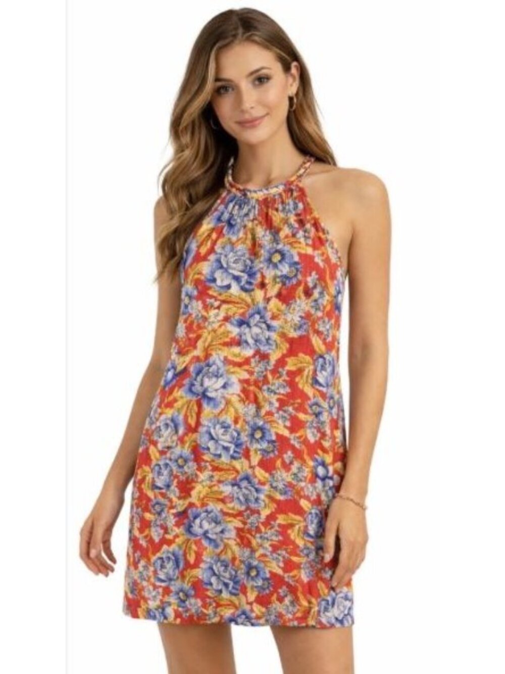 American Eagle Outfitters Floral Halter Dress - Red With Blue & Yellow Flowers S - Picture 5 of 13